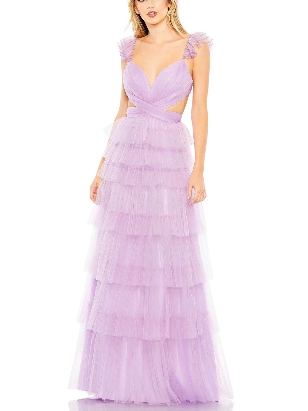 Mac Duggal Dress Size 16 Lilac Tiered Tulle Crisscross Backless Gown